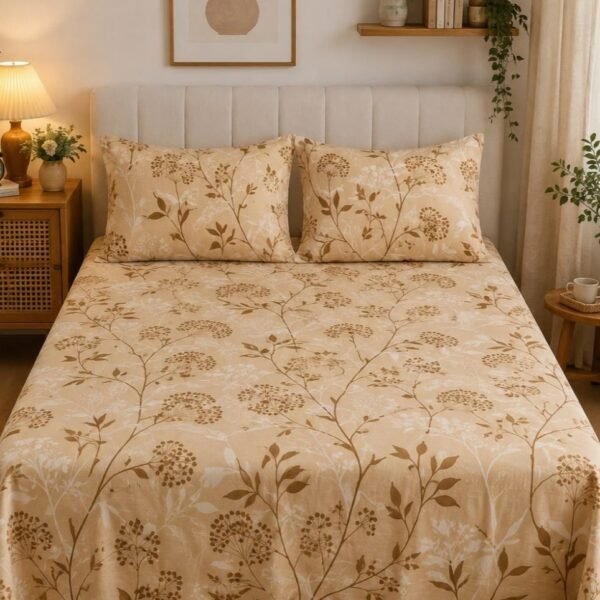 Ever Home Luxury Brushed Microfiber King Flat Sheet Set (270 x 250 CM) – Warm Sand & Caramel Wildflower Botanical Print with 2 Pillow Covers, Silky-Soft & Breathable Bedding