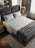 Elegant Hotel-Style King Flat Bed Sheet - Soft Fabric with 300 TC Feel & 1cm Satin Stripes in Rich Royal Grey, 280x270 CM Set (Light Gray, King)