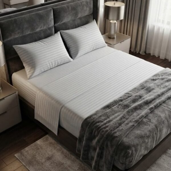 Elegant Hotel-Style King Flat Bed Sheet - Soft Fabric with 300 TC Feel & 1cm Satin Stripes in Rich Royal Grey, 280x270 CM Set (Light Gray, King)