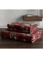 Ever Home 3-Piece Rich Maroon Velvet Flat Sheet Collection/Elegant Green Foliage & Pink Blossom Botanical Print / 125 GSM Silk-Touch Breathable Fabric/King Size 270x240 CM with 2 Pillow Cases - Image 2