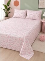 3-Piece King Size Bed Sheet Set - 150 GSM Premium Microfiber Bedding with Delicate Pink Floral Print, Includes 1 Flat Sheet (270x250 CM) & 2 Matching Pillowcases (50x75 CM)