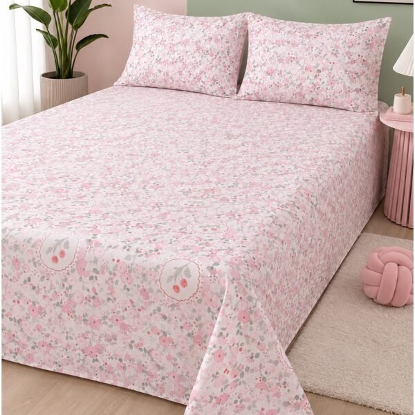 3-Piece King Size Bed Sheet Set - 150 GSM Premium Microfiber Bedding with Delicate Pink Floral Print, Includes 1 Flat Sheet (270x250 CM) & 2 Matching Pillowcases (50x75 CM)