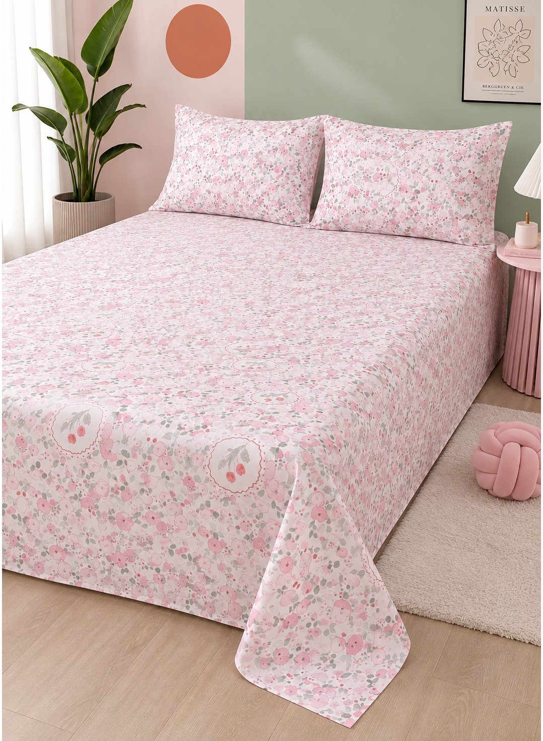 3a8bb703-1bee-4f3e-bd01-0055260b538c.jpeg 3-Piece King Size Bed Sheet Set - 150 GSM Premium Microfiber Bedding with Delicate Pink Floral Print, Includes 1 Flat Sheet (270x250 CM) & 2 Matching Pillowcases (50x75 CM) - Image 1