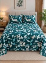 Ever Home Luxury Brushed Microfiber King Flat Sheet Set (270 x 250 CM) – Teal Green White Botanical Leaf Print with 2 Pillow Covers, Silky-Soft & Breathable Bedding