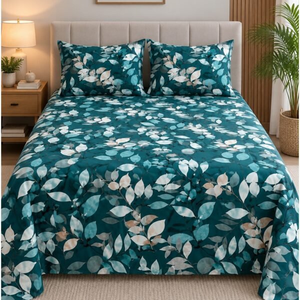 Ever Home Luxury Brushed Microfiber King Flat Sheet Set (270 x 250 CM) – Teal Green White Botanical Leaf Print with 2 Pillow Covers, Silky-Soft & Breathable Bedding