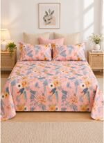 3-Piece King Size Bed Sheet Set - 150 GSM Premium Microfiber Bedding with Vibrant Floral & Botanical Print on Pink, Includes 1 Flat Sheet (270x250 CM) & 2 Matching Pillowcases (50x75 CM)