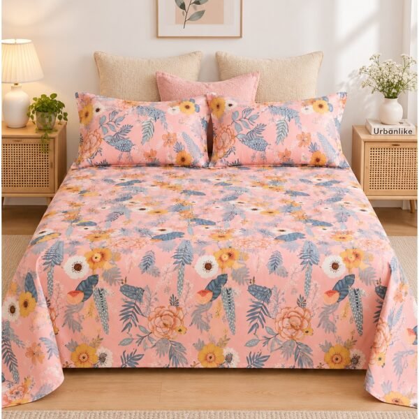 3-Piece King Size Bed Sheet Set - 150 GSM Premium Microfiber Bedding with Vibrant Floral & Botanical Print on Pink, Includes 1 Flat Sheet (270x250 CM) & 2 Matching Pillowcases (50x75 CM)