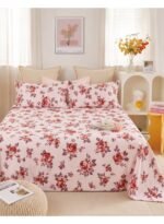 Ever Home Luxury Brushed Microfiber King Flat Sheet Set (270 x 250 CM) – Light Peach Deep Rose Floral Print with 2 Pillow Covers, Silky-Soft & Breathable Bedding - Image 2