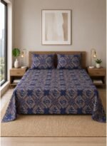 Ever Home 3-Piece Navy Blue Traditional Ethnic Flat Sheet Bundle/Gold Geometric & Floral Damask Motifs / 125 GSM Lightweight Breathable Textile/King Size 270x240 CM with 2 Pillow Cases