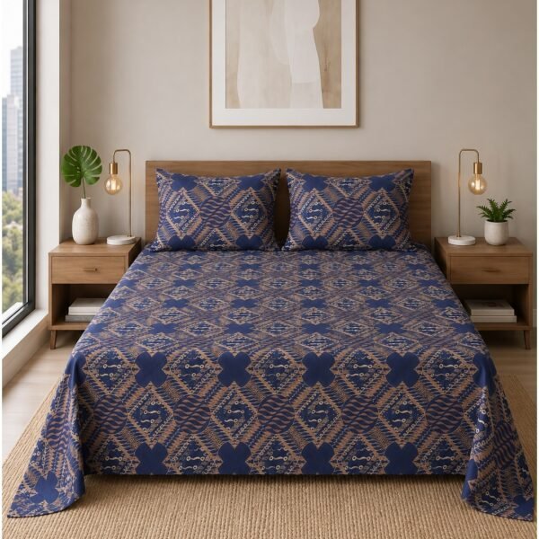 Ever Home 3-Piece Navy Blue Traditional Ethnic Flat Sheet Bundle/Gold Geometric & Floral Damask Motifs / 125 GSM Lightweight Breathable Textile/King Size 270x240 CM with 2 Pillow Cases