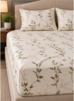 Ever Home Luxury Brushed Microfiber King Flat Sheet Set (270 x 250 CM) – Off-White Earthy Botanical Leaf Print with 2 Pillow Covers, Silky-Soft & Breathable Bedding