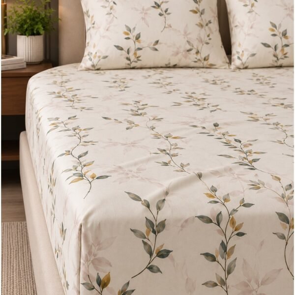 Ever Home Luxury Brushed Microfiber King Flat Sheet Set (270 x 250 CM) – Off-White Earthy Botanical Leaf Print with 2 Pillow Covers, Silky-Soft & Breathable Bedding