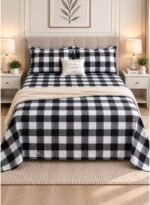 Ever Home Luxury Brushed Microfiber King Flat Sheet Set (270 x 250 CM) – Classic Black & White Buffalo Check Plaid Print with 2 Pillow Covers, Silky-Soft & Breathable Bedding