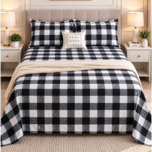 Ever Home Luxury Brushed Microfiber King Flat Sheet Set (270 x 250 CM) – Classic Black & White Buffalo Check Plaid Print with 2 Pillow Covers, Silky-Soft & Breathable Bedding