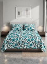 Ever Home 3-Piece Turquoise Floral Flat Sheet Set/Vivid Teal Blossom & Vine Botanical Print / 125 GSM Silk-Touch Breathable Fabric/King Size 270x240 CM with 2 Pillow Cases
