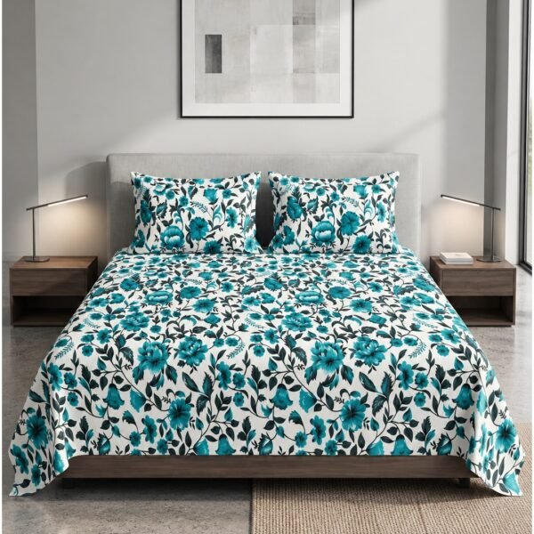 Ever Home 3-Piece Turquoise Floral Flat Sheet Set/Vivid Teal Blossom & Vine Botanical Print / 125 GSM Silk-Touch Breathable Fabric/King Size 270x240 CM with 2 Pillow Cases
