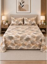 Ever Home Premium 125 GSM Ultra-Soft Flat Bed Sheet Set/Autumnal Brown & Beige Skeletal Leaf Print/Complete 3-Piece Bedding with 2 Pillow shams/King 270x240 CM