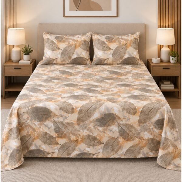 Ever Home Premium 125 GSM Ultra-Soft Flat Bed Sheet Set/Autumnal Brown & Beige Skeletal Leaf Print/Complete 3-Piece Bedding with 2 Pillow shams/King 270x240 CM