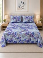 Ever Home 3-Piece Light Blue Floral Flat Sheet Bundle/Vibrant Cobalt Blue & Magenta Blossom Vine Art / 125 GSM Lightweight Soft Textile/King Size 270x240 CM with 2 Pillow Cases