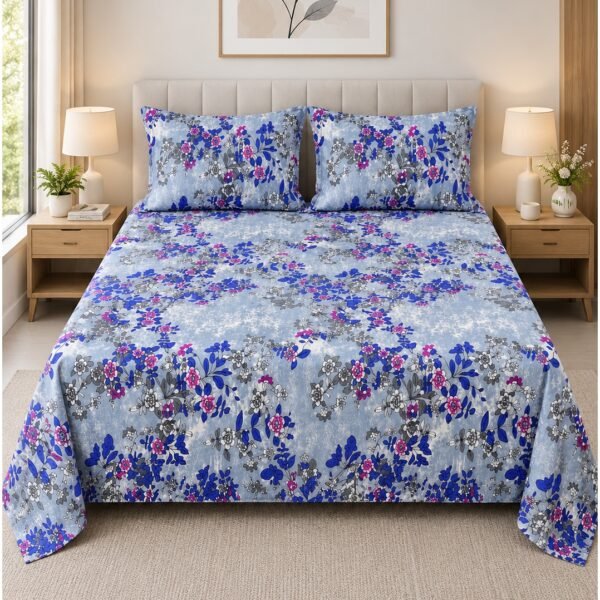 Ever Home 3-Piece Light Blue Floral Flat Sheet Bundle/Vibrant Cobalt Blue & Magenta Blossom Vine Art / 125 GSM Lightweight Soft Textile/King Size 270x240 CM with 2 Pillow Cases
