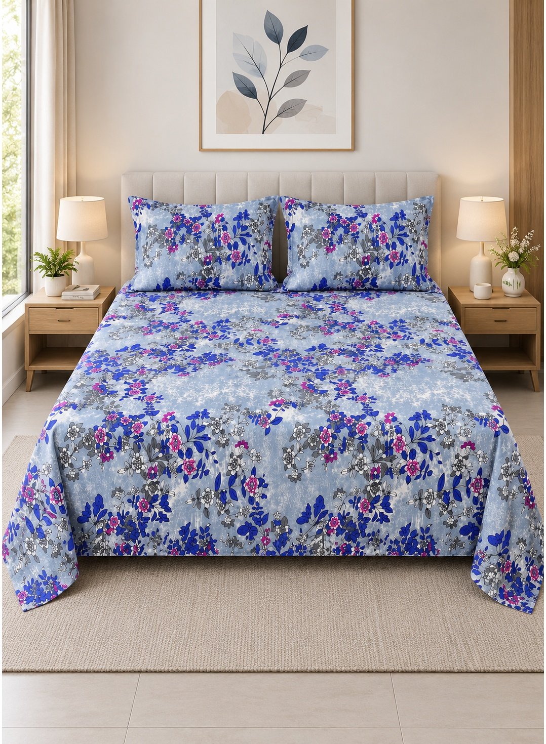 4efdcbfd-d9e1-41b2-b8dd-e914291b3ae5.jpeg Ever Home 3-Piece Light Blue Floral Flat Sheet Bundle/Vibrant Cobalt Blue & Magenta Blossom Vine Art / 125 GSM Lightweight Soft Textile/King Size 270x240 CM with 2 Pillow Cases - Image 1