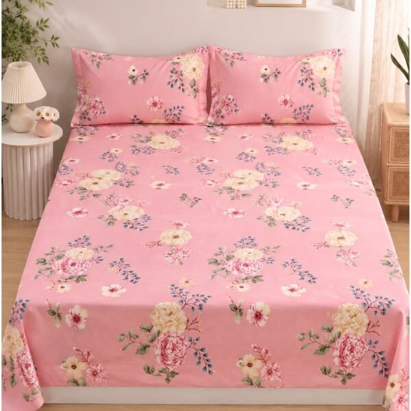 3-Piece King Size Bed Sheet Set - 150 GSM Premium Microfiber Bedding with Elegant Pink Floral Print, Includes 1 Flat Sheet (270x250 CM) & 2 Matching Pillowcases (50x75 CM)