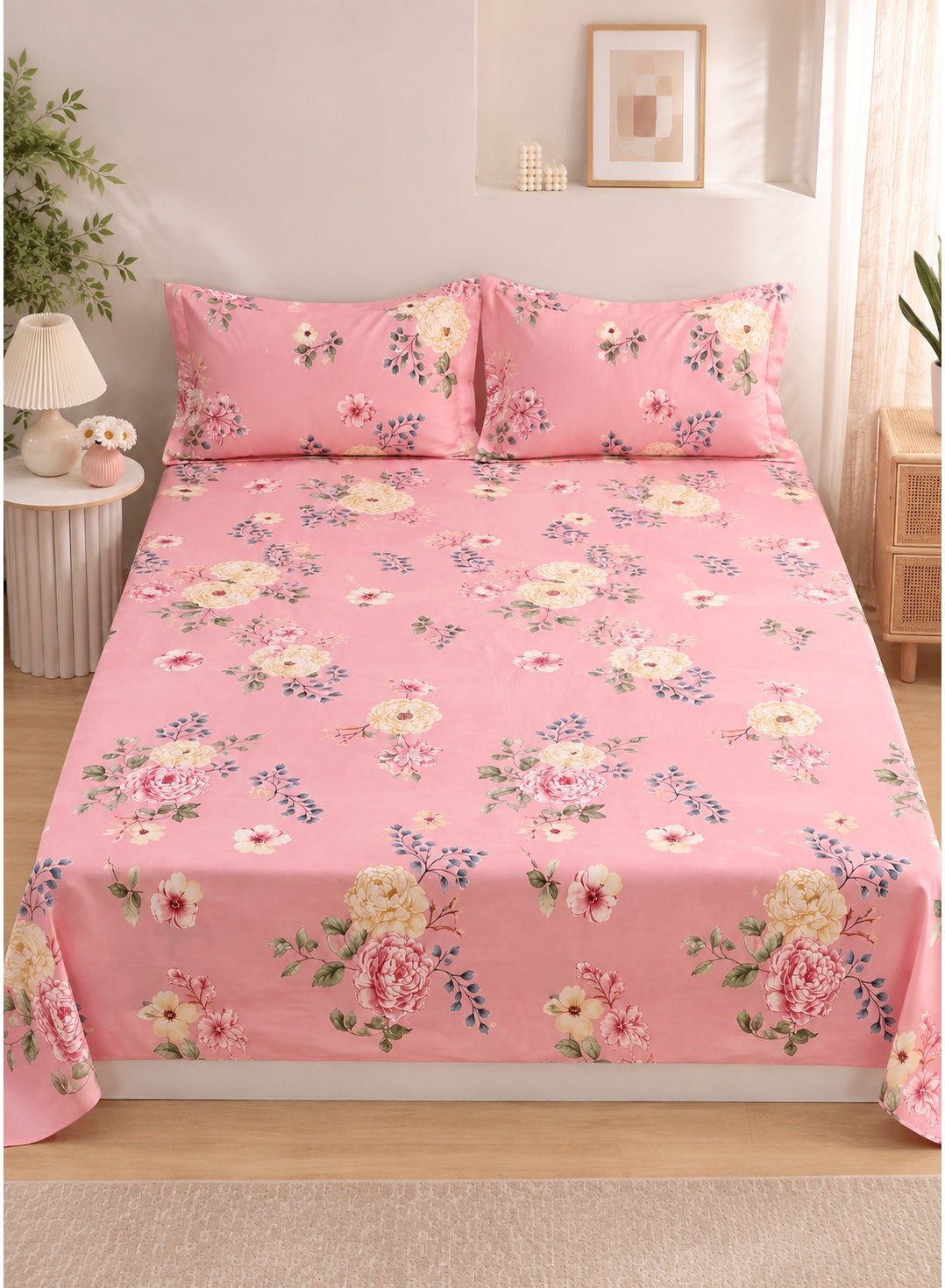 513e8840-a604-4f48-8ec7-a0842c51da57.jpeg 3-Piece King Size Bed Sheet Set - 150 GSM Premium Microfiber Bedding with Elegant Pink Floral Print, Includes 1 Flat Sheet (270x250 CM) & 2 Matching Pillowcases (50x75 CM) - Image 1