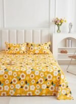 3-Piece Premium King Size Flat Bed Sheet Set - 150 GSM Soft Microfiber Bedding with Vibrant Sunlit Yellow Blossom Print, Includes 1 Flat Sheet (270x250 CM) & 2 Pillowcases (50x75 CM)