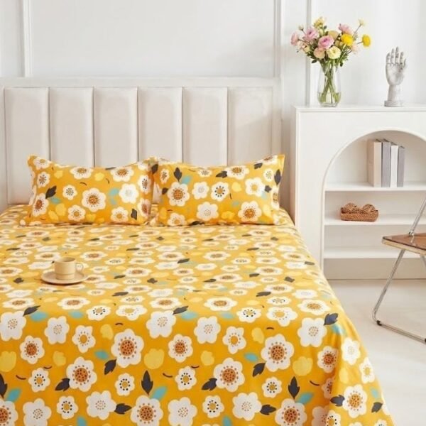 3-Piece Premium King Size Flat Bed Sheet Set - 150 GSM Soft Microfiber Bedding with Vibrant Sunlit Yellow Blossom Print, Includes 1 Flat Sheet (270x250 CM) & 2 Pillowcases (50x75 CM)