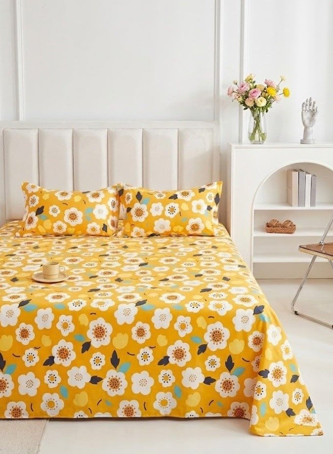 53c93aad-fba1-4c54-9e6a-2f72859f81a3.jpeg 3-Piece Premium King Size Flat Bed Sheet Set - 150 GSM Soft Microfiber Bedding with Vibrant Sunlit Yellow Blossom Print, Includes 1 Flat Sheet (270x250 CM) & 2 Pillowcases (50x75 CM) - Image 1
