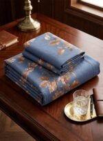 3-Piece King Size Bed Sheet Set - 150 GSM Premium Microfiber Bedding with Elegant Oak Leaf & Acorn Print on Denim Blue, Includes 1 Flat Sheet (270x250 CM) & 2 Matching Pillowcases (50x75 CM) - Image 3