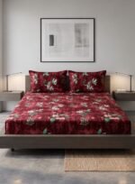 Ever Home 3-Piece Rich Maroon Velvet Flat Sheet Collection/Elegant Green Foliage & Pink Blossom Botanical Print / 125 GSM Silk-Touch Breathable Fabric/King Size 270x240 CM with 2 Pillow Cases