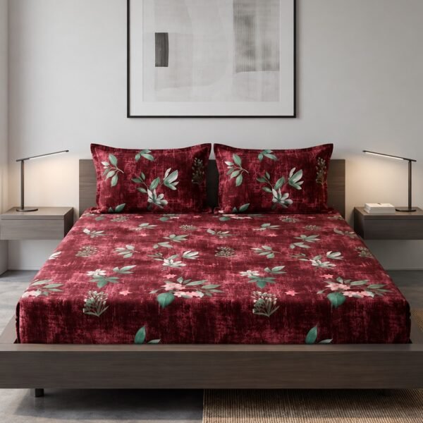 Ever Home 3-Piece Rich Maroon Velvet Flat Sheet Collection/Elegant Green Foliage & Pink Blossom Botanical Print / 125 GSM Silk-Touch Breathable Fabric/King Size 270x240 CM with 2 Pillow Cases