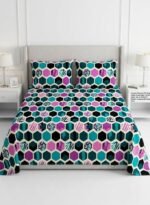 Ever Home Luxury 125 GSM Soft Breathable Flat Bed Sheet Set/Modern Geometric Honeycomb Pattern in Teal, Purple & Black/Includes 2 Matching Pillowcases/King Size 270x240 CM