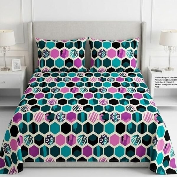 Ever Home Luxury 125 GSM Soft Breathable Flat Bed Sheet Set/Modern Geometric Honeycomb Pattern in Teal, Purple & Black/Includes 2 Matching Pillowcases/King Size 270x240 CM