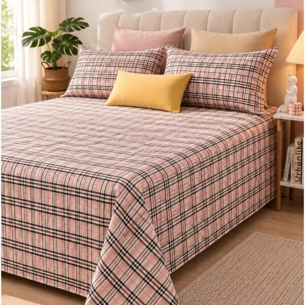 Ever Home Luxury Brushed Microfiber King Flat Sheet Set (270 x 250 CM) – Classic Pink & Black Tartan Plaid Checkered Print with 2 Pillow Covers, Silky-Soft & Breathable Bedding