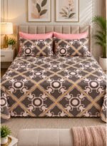 Ever Home Luxury Brushed Microfiber King Flat Bed Sheet Set (270 x 250 CM) – Taupe Brown & Pink Lattice Baroque Damask Print with 2 Pillow Covers, Silky-Soft & Breathable Bedding