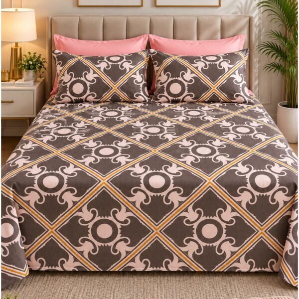 Ever Home Luxury Brushed Microfiber King Flat Bed Sheet Set (270 x 250 CM) – Taupe Brown & Pink Lattice Baroque Damask Print with 2 Pillow Covers, Silky-Soft & Breathable Bedding