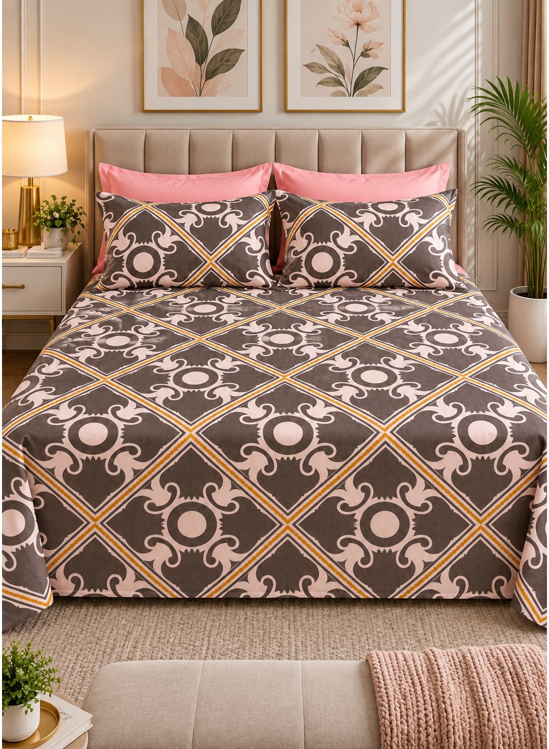5bd2d942-a05b-4e47-a6ff-c6239e6b9b3a.jpeg Ever Home Luxury Brushed Microfiber King Flat Bed Sheet Set (270 x 250 CM) – Taupe Brown & Pink Lattice Baroque Damask Print with 2 Pillow Covers, Silky-Soft & Breathable Bedding - Image 1