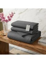 Luxury Hotel Quality King Flat Bed Sheet Set - 300 TC Feel 1cm Satin Striped Modern Dark Grey Bedding, 280x270 CM with 2 Pillowcases - Image 3