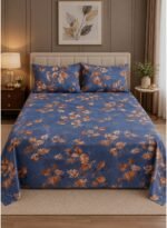 3-Piece King Size Bed Sheet Set - 150 GSM Premium Microfiber Bedding with Elegant Oak Leaf & Acorn Print on Denim Blue, Includes 1 Flat Sheet (270x250 CM) & 2 Matching Pillowcases (50x75 CM) - Image 2