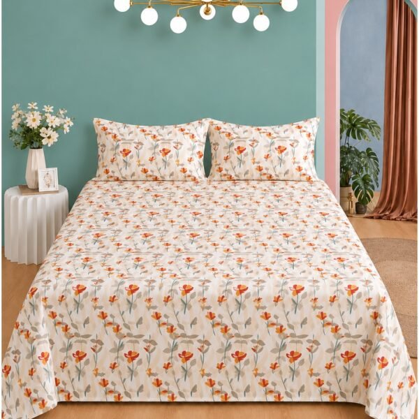 Premium Flat Bedsheet Set (3-Piece) - Ultra Soft Breathable Microfiber - Includes 1 Flat Sheet & 2 Pillowcases - Cooling & Wrinkle Free (Multicolor, Leaf Pattern)