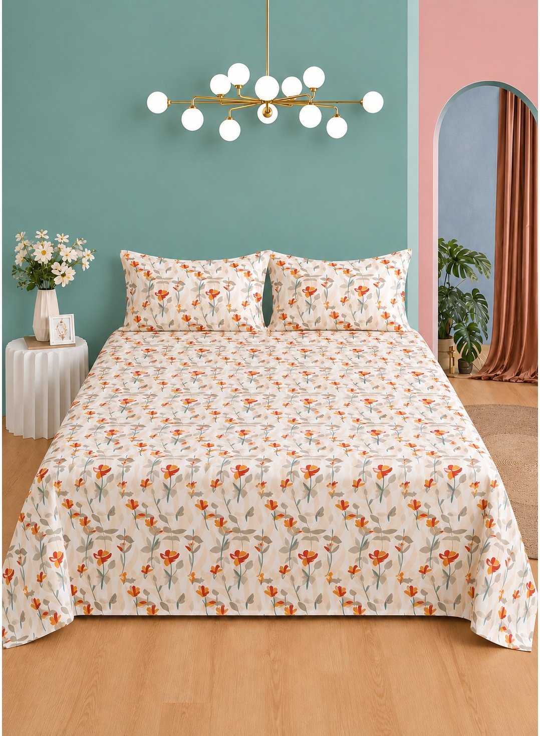 5f36fb56-dfb4-47d3-935f-690a61c2f73d.jpeg Premium Flat Bedsheet Set (3-Piece) - Ultra Soft Breathable Microfiber - Includes 1 Flat Sheet & 2 Pillowcases - Cooling & Wrinkle Free (Multicolor, Leaf Pattern) - Image 1
