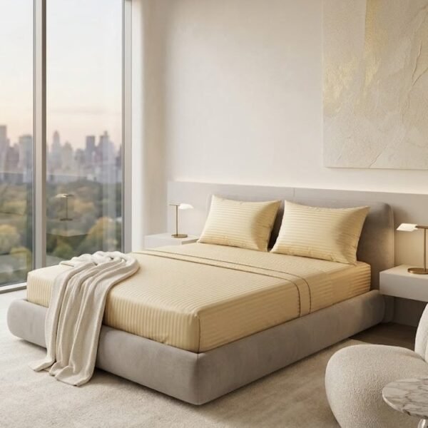 Premium Hotel-Grade King Flat Bed Sheet Set - Luxury Bedding with 300 TC & 1cm Stripe in Golden Beige, 280x270 CM