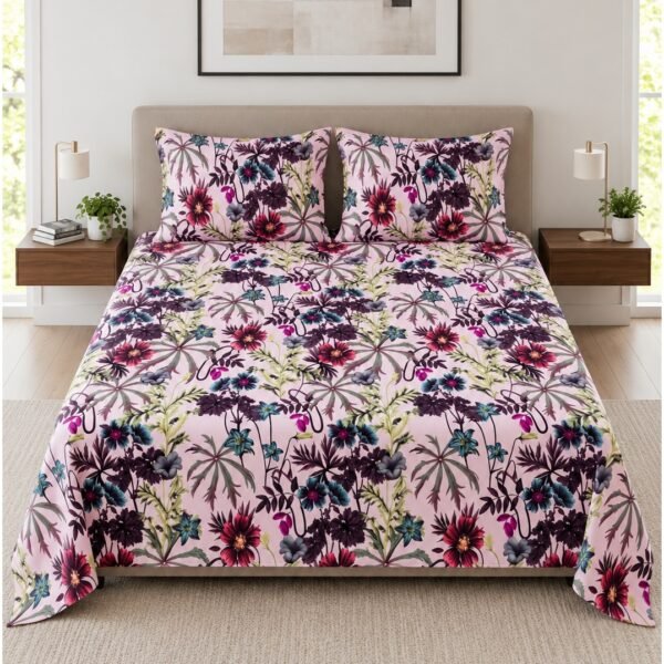 Ever Home 3-Piece Vintage Botanical Flat Sheet Set/Moody Burgundy & Plum Wildflower Print on Soft Pink / 125 GSM Breathable Microfiber Fabric/King Size 270x240 CM with 2 Pillow Cases