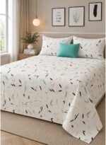 Ever Home Luxury Brushed Microfiber Flat Sheet Set – Off-White Teal Abstract Leaf Petal Print with 2 Pillow Covers, Silky-Soft & Breathable Bedding (King & Super King Variations) (King)