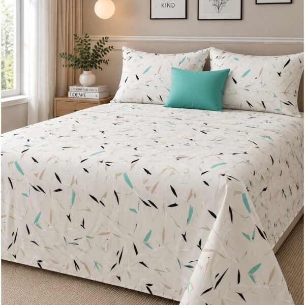 Ever Home Luxury Brushed Microfiber Flat Sheet Set – Off-White Teal Abstract Leaf Petal Print with 2 Pillow Covers, Silky-Soft & Breathable Bedding (King & Super King Variations) (King)