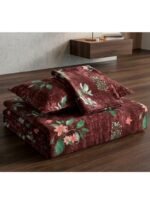 Ever Home 3-Piece Rich Maroon Velvet Flat Sheet Collection/Elegant Green Foliage & Pink Blossom Botanical Print / 125 GSM Silk-Touch Breathable Fabric/King Size 270x240 CM with 2 Pillow Cases - Image 3