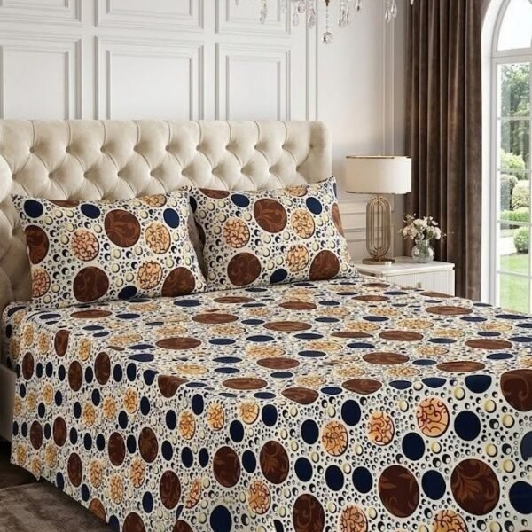 Ever Home Luxury 125 GSM Soft Breathable Flat Bed Sheet Set/Modern Abstract Circle Dot Pattern in Brown, Blue & Beige/Includes 2 Matching Pillowcases/King Size 270x240 CM