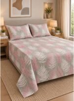 Ever Home Premium 125 GSM Ultra-Soft Flat Bed Sheet Set/Elegant Grey & Pink Fern Leaf Botanical Print/Complete 3-Piece Bedding with 2 Pillow shams/King 270x240 CM